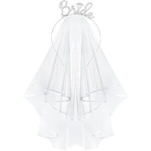 🆕Women White Rhinestone Bride Headband with Veil Sturdy Metal Comb Accessory